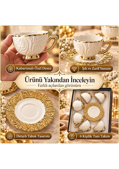 Valkyrie Hürrem Serisi 6 Kişilik 12 Parça Kahve Fincan Takımı 100ml Kabartmalı Altın Detaylı Set Beyaz Altın