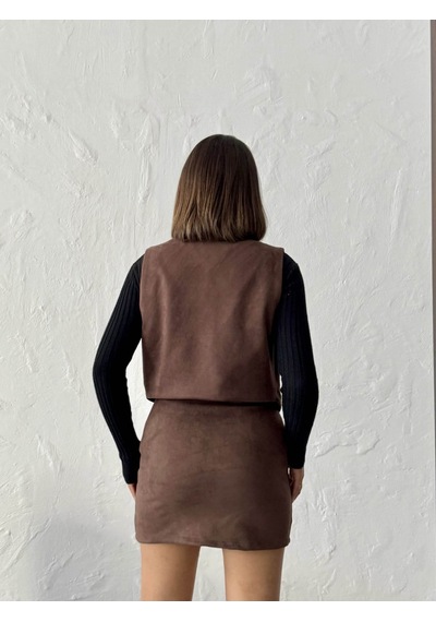 Verymoda Nakışlı Scuba Süet Yelek I F2001 Taba
