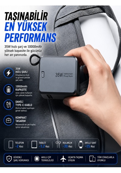 10000mah 35w Hızlı Şarj Powerbank Lcd Ekran 1x Usb + 1x Type-c Type-c Kablolu Çıkışlı Açık Gri