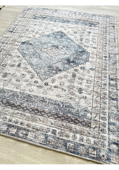 Eskitme Geometrik Madalyon Desenli Lacivert Ve Krem Etnik Halı - Ar859nc Krem - Lacivert