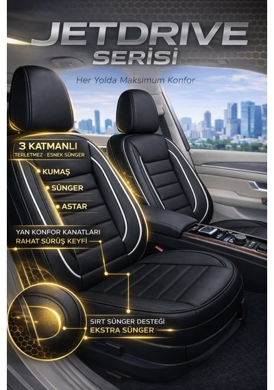 Ford Kuga 2017-2019 2+1 Uyumlu Deri Koltuk Kılıfı Jetdrive Serisi Siyah Beyaz