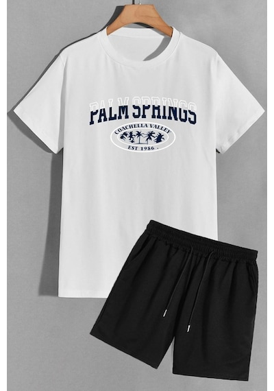 Uyguntarz Rahat Tasarım Palm Şort T-shirt Eşofman Takımı Beyaz