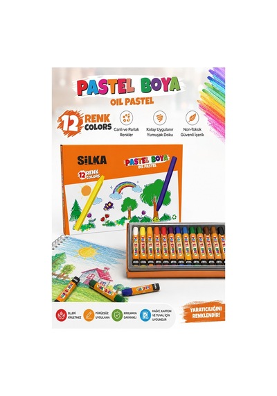 Pastel Boya 12 Renk 1 Paket Silka Pastel Boya 12 Li Karton Kutulu Parlak Canlı Ve Örtücü Renkler Yerli Üretim Çok Renkli