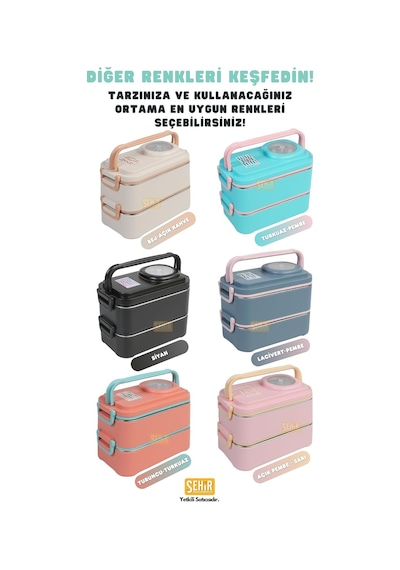 1200ml Lunchbox 2 Katlı 4 Bölmeli Mini Kaseli Çelik Sefer Tası Yemek Kutusu Turkuaz-pembe Çok Renkli