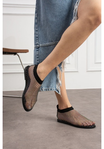 Dabab Shoes Kadın Siyah File Taş Detaylı Lastikli Oliva Model Düz Taban Terlik Sandalet