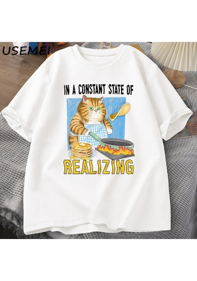 Flood Of Style Kedi Gerçekleştirerek Sabit Bir Devlet T Shirt Erkekler Kadınlar Komik Kedi Pişirme T-shirt K Beyaz