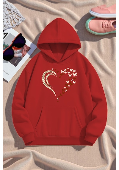Uyguntarz Unisex Leopar Kalp Desenli Baskılı Oversize Sweatshirt Kırmızı