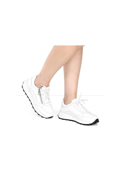 Kadın Beyaz Bağcıklı Fermuarlı Deri Sneaker