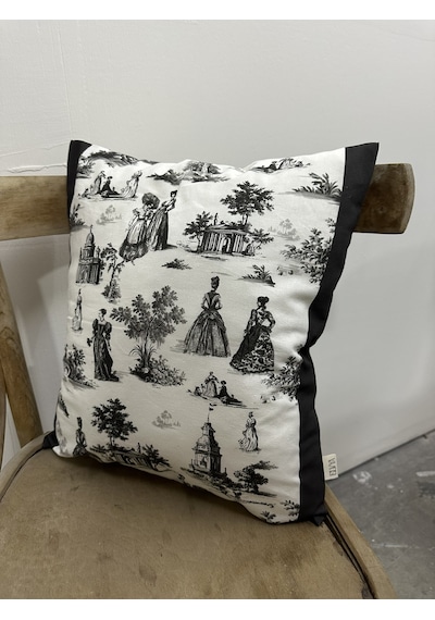 Toile De Jouy Paris Kırlent Kılıfı 43x43 Cm %100 Pamuk Dijital Baskılı Klasik Fransız Tarzı Dekoratif Yastık Kılıfı - Zt740 Siyah-