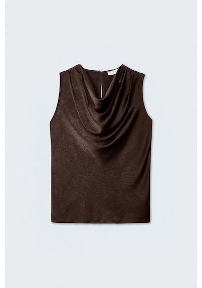 Sateen Degaje Yaka Saten Bluz - Koyu Kahve-137715