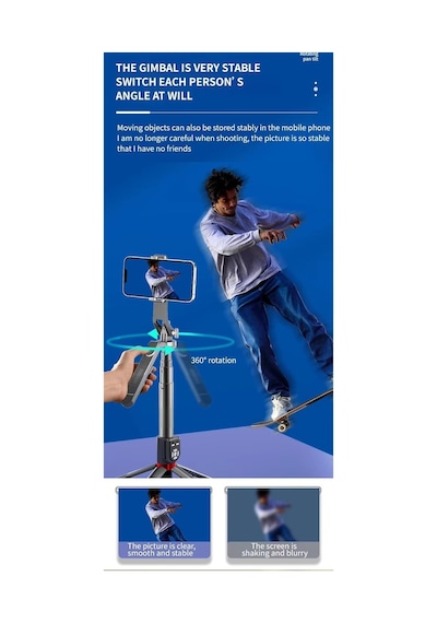 Bluetooth Uzaktan Kumandalı 2.2m Uzatılabilir Tripod Selfie Çubuğu 360 Derece Dönebilen Başlık 1 Adet
