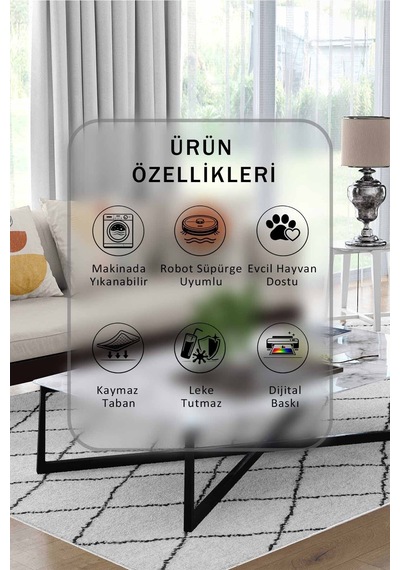 Yıkanabilir Kaymaz Taban Dijital Baskılı Halı Ve Yolluk Leke Tutmaz Salon & Mutfak Halısı - 1094 Beyaz