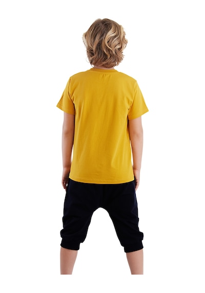 Aslan Sarı Erkek Çocuk Cep Detaylı Yazlık T-shirt Kapri Şort Takım