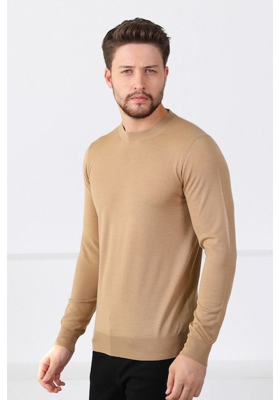 Ferraro Camel Bisiklet Yaka Superfine Erkek Triko Kazak Camel