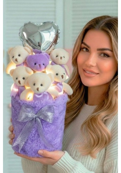 Deluxe Lila Peluş Silindir Kutuda, Led Işıklı Kalpli Balonlu 6 Lı Lila Ayıcık Buketi - Sevdiğine Hediye