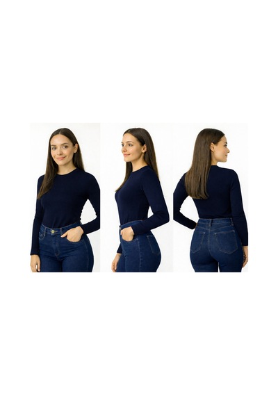 İngegno Body Bisiklet Yaka Uzun Kol Örme Kumaş Viskon Kadın Body Lacivert