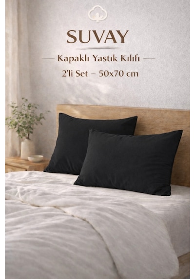 2'li Yastık Kılıfı Siyah Pamuklu Kapaklı 50x70 Cm