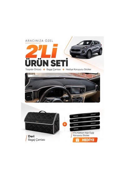 Kia Sportage 2018-2021 Uyumlu Torpido Örtüsü + Deri Bagaj Çantası + Sticker Seti - Siyah Gri