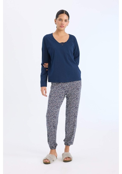 DeFacto Fall in Love Pijama Takımı Uzun Kollu Üst Desenli Uzun Alt E2357AX24WNNV31 Lacivert