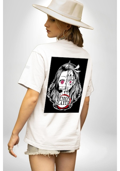 Anime Demon Slayer Beyaz Oversize Unisex Ön Ve Sırt Baskılı Tişört Beyaz