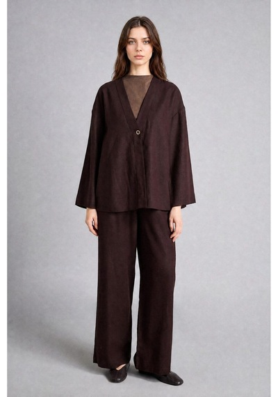 Defacto Regular Fıt V Yaka Keten Kimono H3219ax26aubn340 Kahve-bn340