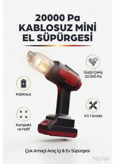 Araç Süpürgesi 20000pa Güçlü Emiş Kablosuz El Tipi Şarjlı Taşınabilir Mini Oto Ev Süpürgesi