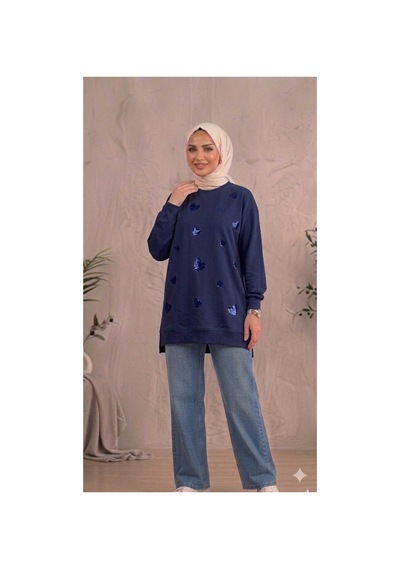Peka Kadın Pul İşlemeli Kalp Desenli Tesettür Tunik Sweatshirt Lacivert Lacivert