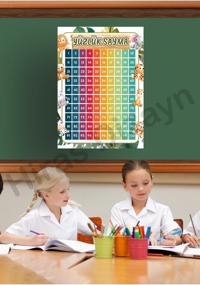Yüzlük Sayma Afişi Eğitici Çocuk Posteri Okul Öncesi İlkokul Sınıf Duvar Panosu Öğretmen Materyali 30x42cm A3 Kalın Kuşe Kağıt