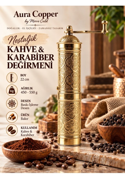 Aura Copper Nostaljik Manuel Kahve Karabiber Değirmeni 22 Cm Bakır Öğütücü - Altın