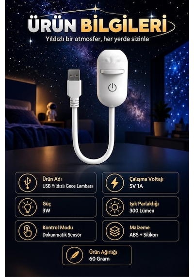 Usb Galaksi Projektör Led Gece Lambası 360 Ayarlanabilir 12 Filmli 2 Si 1 Arada Ambiyans Işık Gl-001 Beyaz
