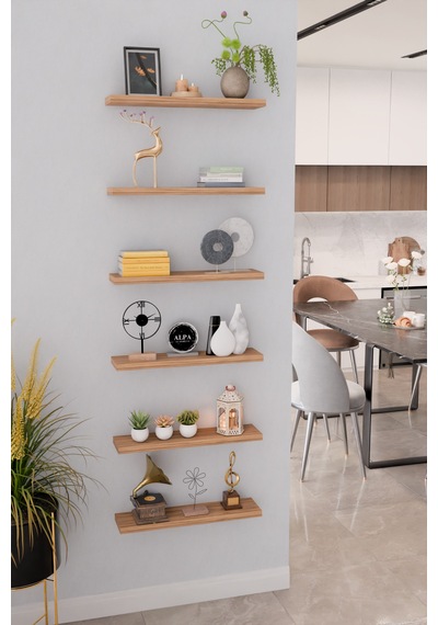 6'lı Duvar Rafı 50 Cm Kitaplık Salon Duvar Rafı Kitaplık Düzenleyici Raf Atlantik Çam