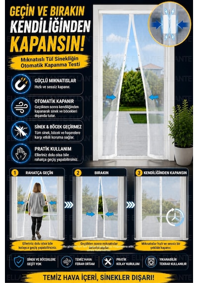 Mıknatıslı Tül Sineklik 105x205 Cm 5 Cm Kapı Sinekliği Otomatik Kapanan Manyetik Sistem Sinek V