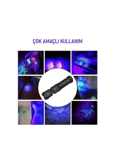 Valkyrie 395nm Uv Mor Işık Şarjlı El Feneri 1200mah Batarya, Type-c Şarj, Hafif Ve Güçlü Tasarım Siyah