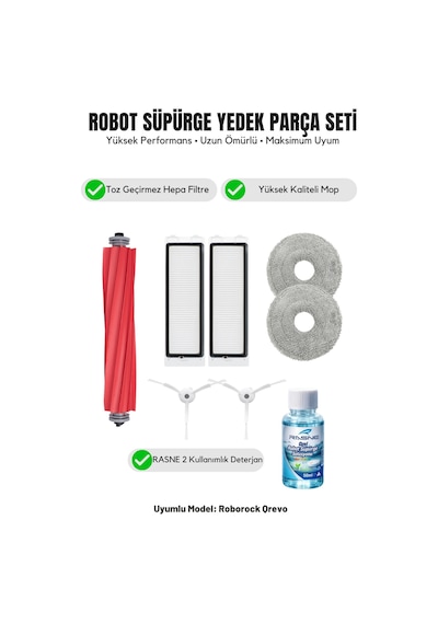 Roborock Qrevo İle Uyumlu 1 Ana Fırça 2 Beyaz Yan Fırça 2 Filtre 2 Mop 1 Deterjan 3.0