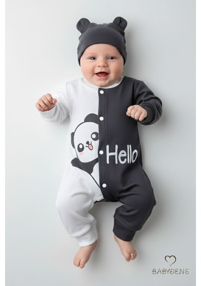 Babyden's Panda Baskılı Bebek Tulum & Şapka Seti,unisex Çıtçıtlı Uzun Kollu Yenidoğan Tulumu ,%100pamuk Antrasit - Beyaz