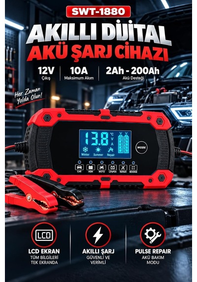 Tr Akıllı Dijital Akü Şarj Cihazı 12v 10a, 2ah-200ah Akü Uyumlu, Lcd Ekranlı, Pulse Repair, Kış Yaz Modu, Agm L