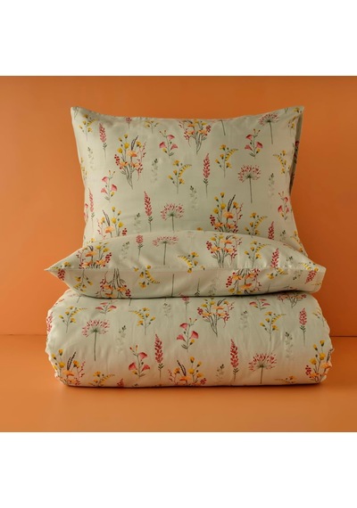 Flores Çiçek Desenli%100 Pamuk Saten Nevresim Seti, Açık Yeşil, Çift Kişilik Nevresim: 200x220 Cm / 2 Adet Yast Diğer
