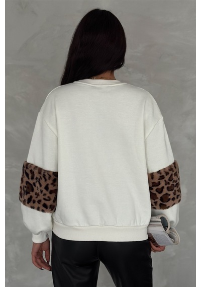 Femelle Kadın Kolları Leopar Detaylı İçi Pamuklu Oversize Sweatshirt beyaz