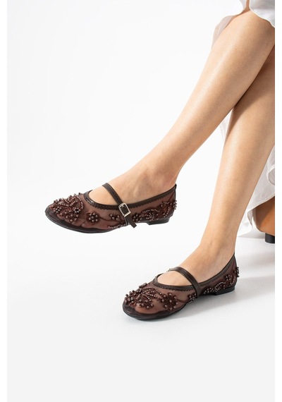 Dabab Shoes Flora Kadın Acı Kahve İnci İşlemeli Tül Dokulu Bantlı Babet Düz Ayakkabı Kahverengi