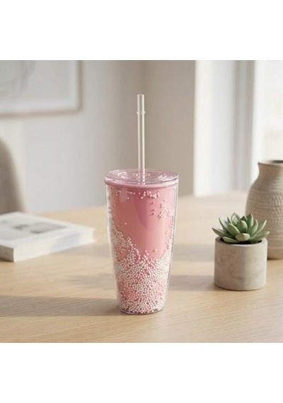 Pipetli Çift Katmanlı Soğuk İçecek Bardağı Boncuklu Tasarımlı Kapaklı Pipetli Bardak 20 Cm, Smoothie Ve Soğuk İçecekler İçin Yeniden Kullanılabilir Bardak Aeropress