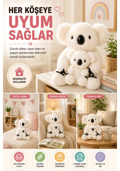 26 Cm Beyaz Anne Ve Yavru Koala Peluş Oyuncak Yumuşak Dekoratif Çocuk Odası Uyku Arkadaşı