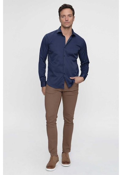Morven Erkek Lacivert Slim Fit Dar Kesim Düz Sert Yaka Uzun Kollu Gömlek Lacivert
