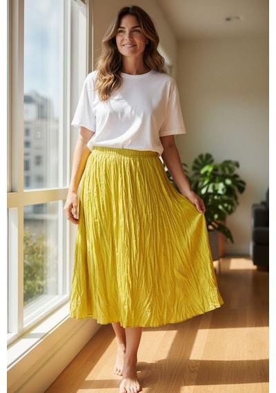 Eren Style Beli Lastikli Ütülenmeyen Kırışık Etek Sarı