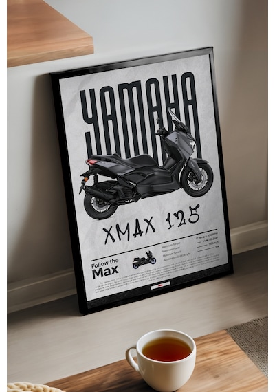 Yamaha X-max 125 Siyah Ahşap Çerçeveli Poster, Dekoratif Motosiklet Duvar Tablosu
