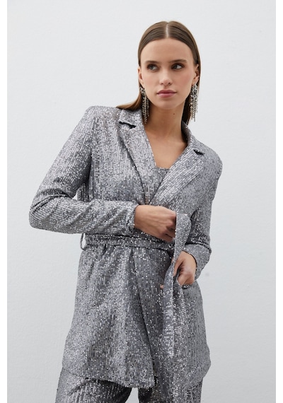 Sateen Kuşaklı Payet Ceket - Gümüş