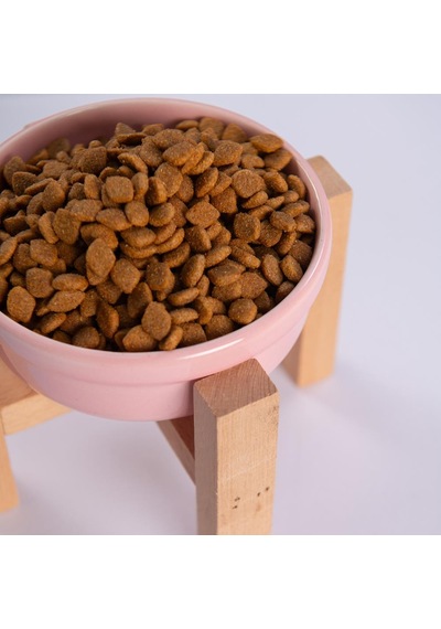 Pembe Ahşap Standlı Seramik Mama/ Su Kabı Kedi Köpek Mama Su Kabı