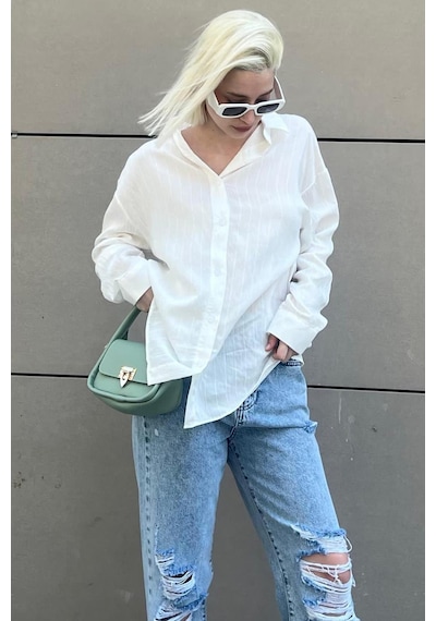 Madmext Beyaz Uzun Kollu Çizgili Oversize Gömlek Mg2080-beyaz Beyaz