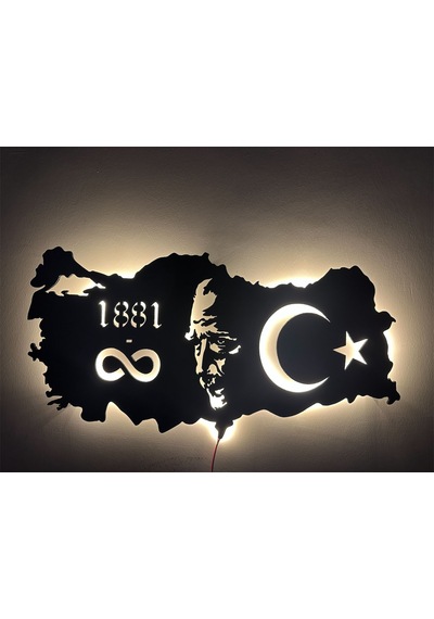 Özel Atatürk Ve Türkiye Haritası Led Işıklı Tasarım Tablo Ahşap D
