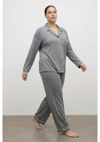 Kontrast Biyeli Penye Pijama Takımı Gri