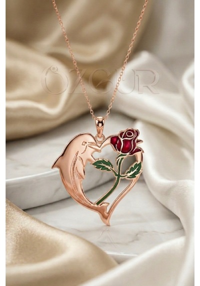 925 Ayar Gümüş Yunus Ve Gül Figürlü Kalp Kolye Rose Gold